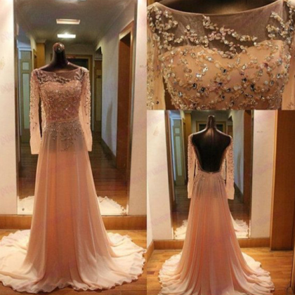 Long Sleeve Champagne Prom Dress,champagne Formal..