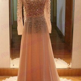 Long Sleeve Champagne Prom Dress,champagne Formal..