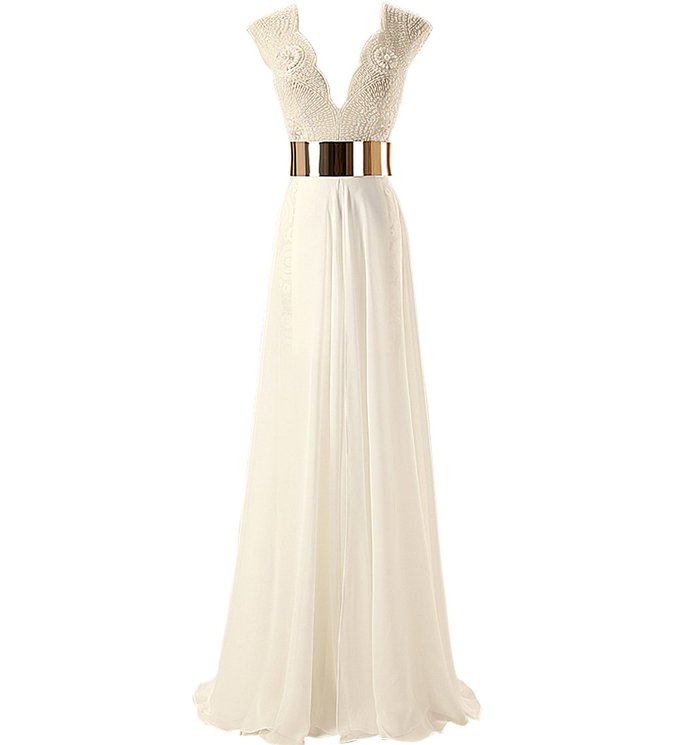 2015 Wedding Dress ,white/ivory Bridal Gowns Handmade Beading Chiffon Wedding Dress,women's V-neck Gold Belt Beading Prom Dresses