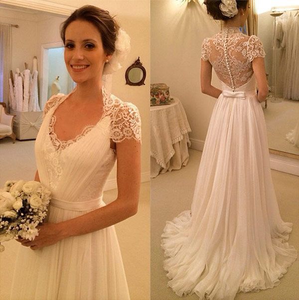 2015 Cap Sleeve Wedding Dress,custom Made White/ivory Wedding Gowns,beach Bridal Dress,a-line Wedding Gowns