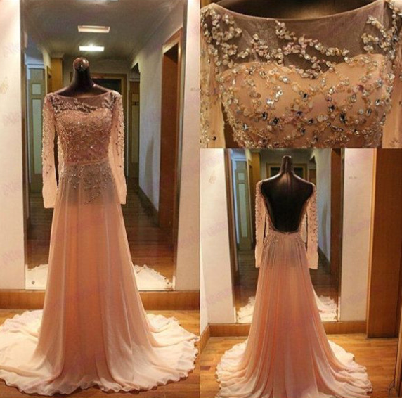 Long Sleeve Champagne Prom Dress,champagne Formal Evening Dress,sexy Backless Wedding Party Dress,prom Gowns