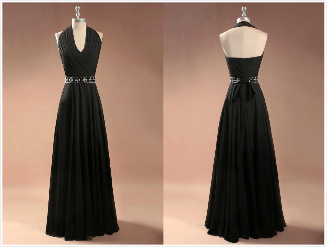 Black Halter Ruched Chiffon A-line Floor-length Prom Dress, Evening Dress, Formal Dress