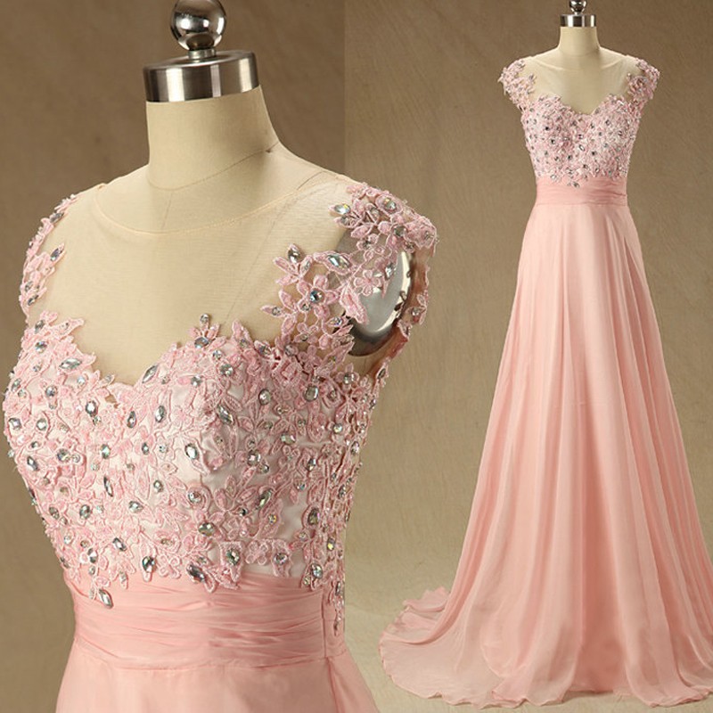 Elegant Pink Cap Sleeve Long Prom Dress,custom Made Formal Evening Dress,beading A-line Prom Gowns