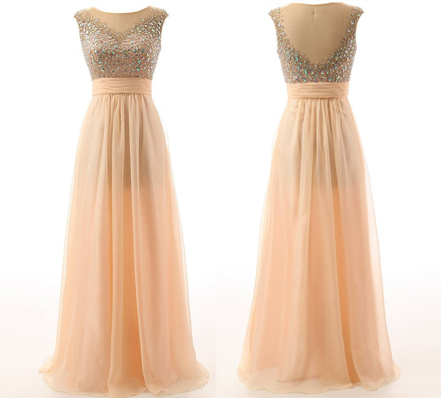 Sexy Champagne Women's Illusion Bead Chiffon Long Formal Evening Party Prom Gown,champagne Dress Cj154